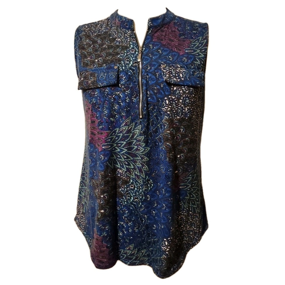 Bulotus Blouse Women's Size XL Zip Up Front Sleeveless Paisley Stretch Round Hem